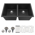 Dcolora 33'' Quartz Matte Black Granite Composite Kitchen Sink, Undermount Double Bowl Deep 50/50 Split Basin