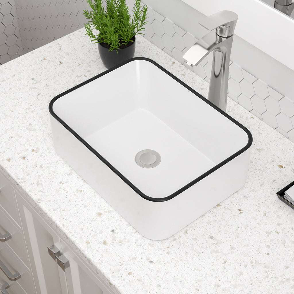 Dcolora Rectangular Vessel Sink 16"x12" - White with Black Rim Ceramic Porcelain Above Counter Bathroom Vanity Sink Basin