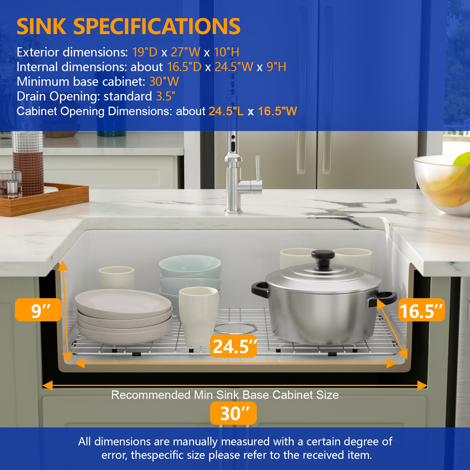 Dcolora 27 Inch White Undermount Kitchen Sink Handmade Ceramic Fireclay Deep Single Bowl Under Counter Sinks Porcelain Dual Mount, Round Corner 27"x19"x10", DC-U7745