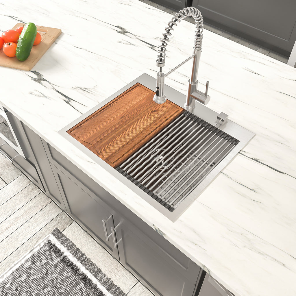 Dcolora 25''x22''x10'' Drop-In Kitchen Sink, 16 Gauge 304 Stainless Steel Single Bowl Topmount Workstation Basin, Round Corner