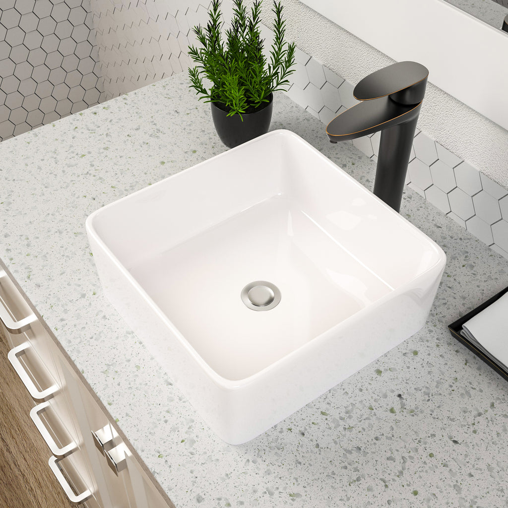 Dcolora 15''x15'' White Square Vessel Sink, Ceramic Porcelain Above Counter Bathroom Vanity Basin