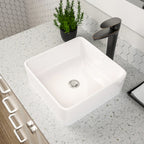 Dcolora 15''x15'' White Square Vessel Sink, Ceramic Porcelain Above Counter Bathroom Vanity Basin