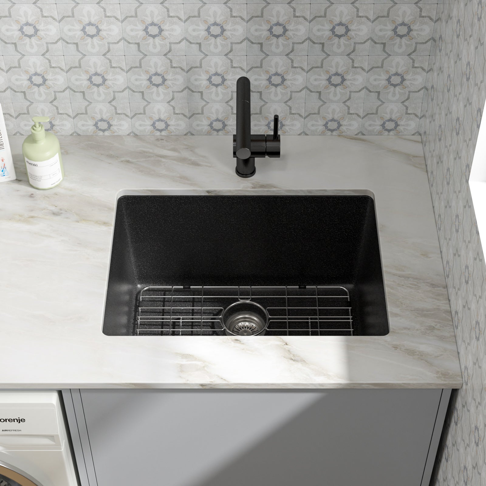 Dcolora 24 Inch Matte Black Undermount Deep Laundry Sink Single Bowl Laundry Utility Room Sink Granite Composite,#DC-0001GBL