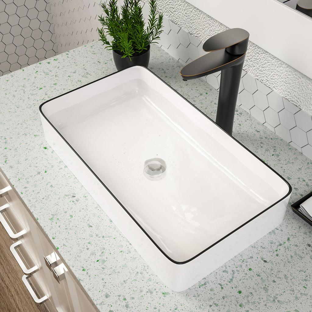 Dcolora 24''x14'' White Rectangular Vessel Sink with Black Rim, Ceramic Porcelain Above Counter Bathroom Vanity Basin