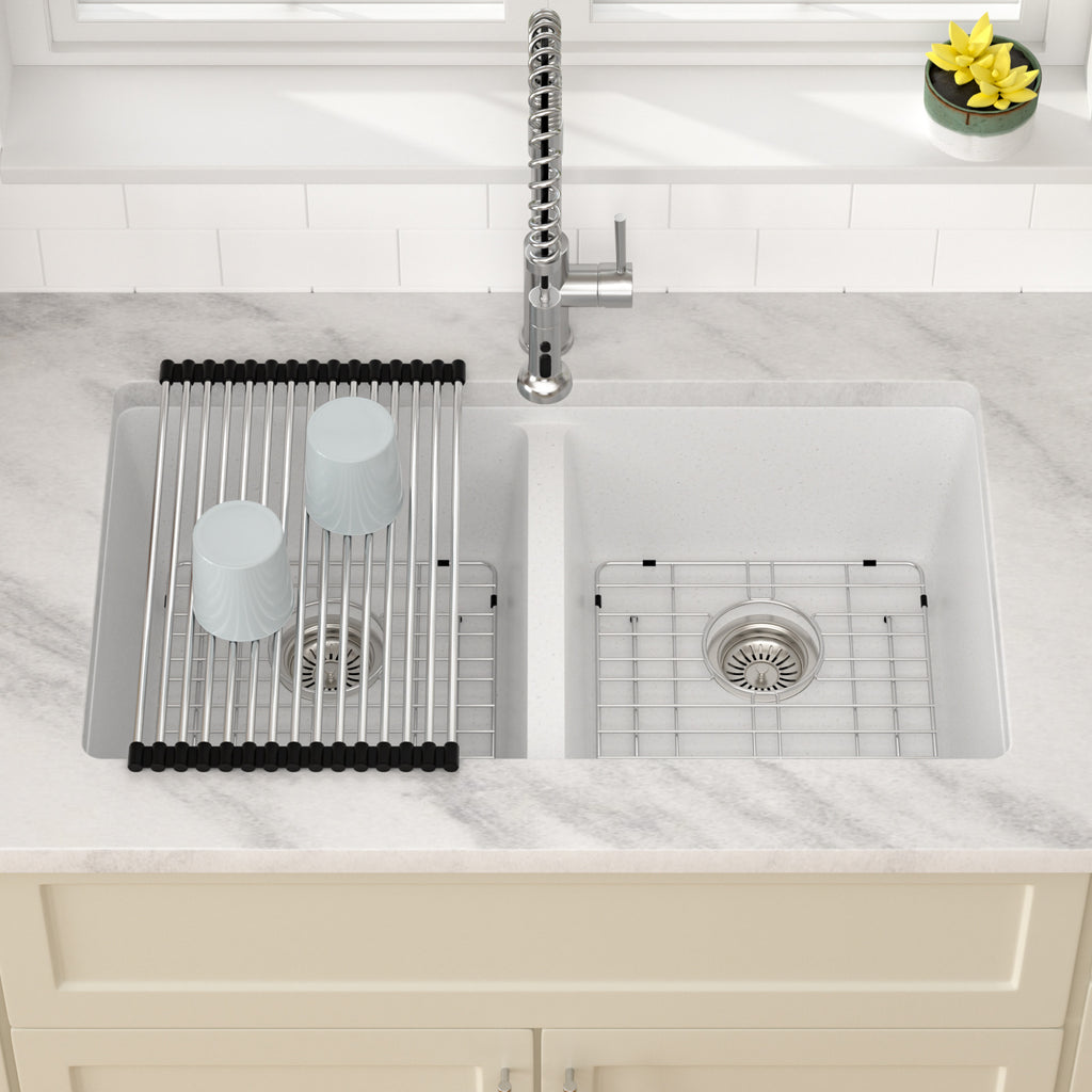 Dcolora 33''x19''x10'' White Undermount Double Bowl Kitchen Sink, 50/50 Split Granite Composite Deep Prep Basin, #DC-GU001W