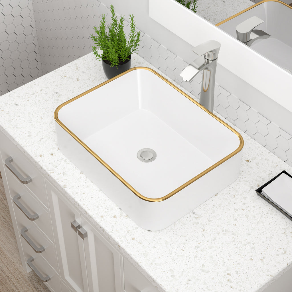 Dcolora 19''x15'' White Rectangular Vessel Sink with Gold Rim, Ceramic Porcelain Above Counter Bathroom Vanity Basin