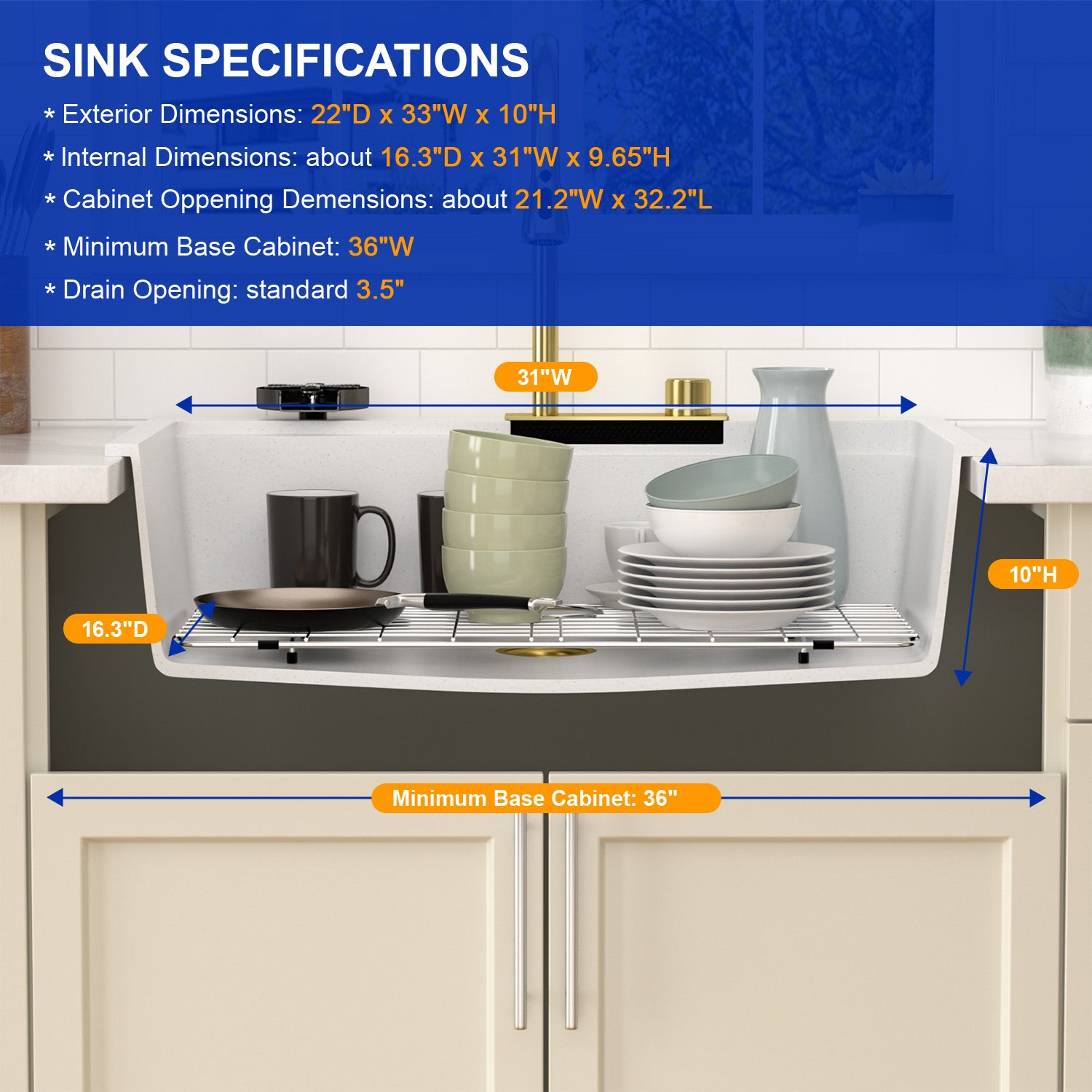 Dcolora 33x22 Waterfall Smart Kitchen Sink Workstation White Drop In Single Bowl Multifunctional Sink With Faucet And Cup Washer,33 Inch Granite Composite DC-GWT7433FY