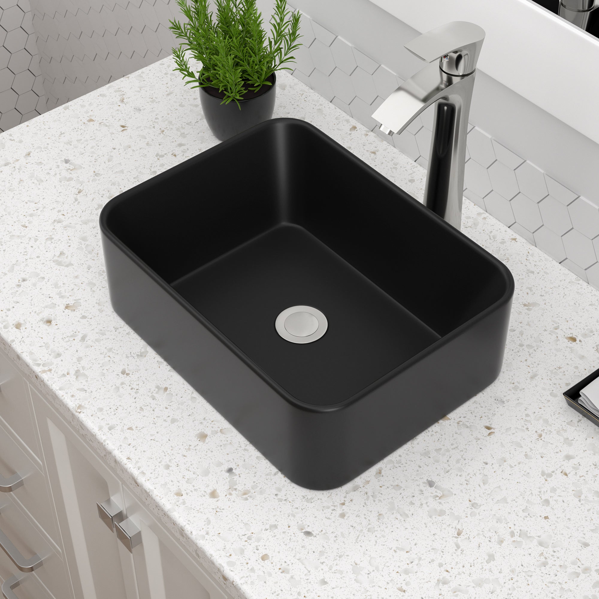 Dcolora Black Vessel Sink Rectangle 16"x12" Matte Black Bathroom Vessel Sink Rectangular Above Counter Ceramic Porcelain Lavatory Vanity Sink Bowl Basin