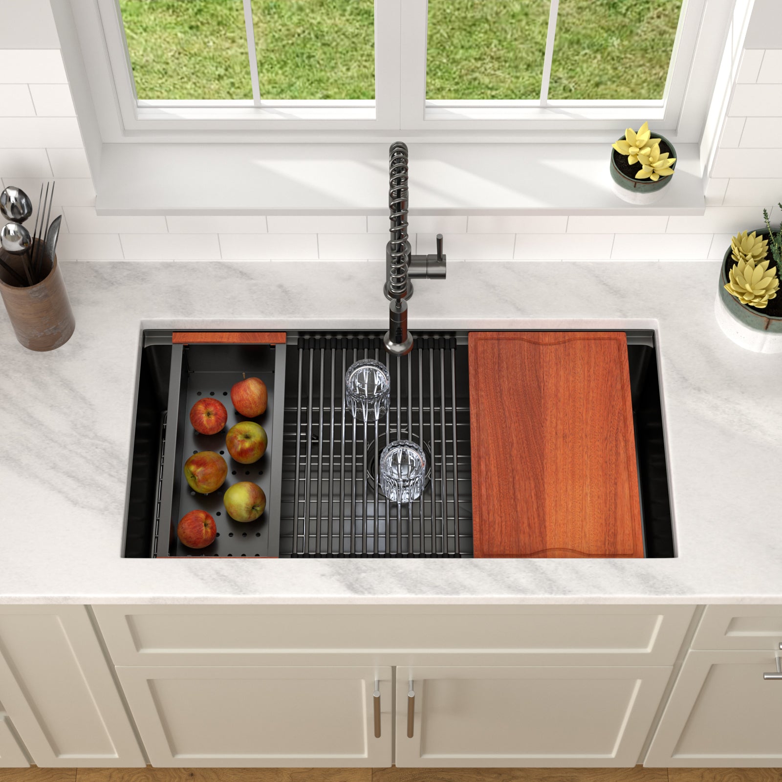 Dcolora 36 in. Black Undermount Kitchen Sink Workstation NANO-PVD Large Black Kitchen Sinks with Ledge Round Corner 16 304 Gauge Stainless Steel Single Bowl Basin, Gunmetal Black,36"x19"x10",DC-U7776