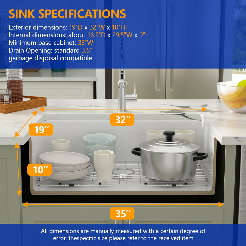 Dcolora 32''x19'' White Undermount Kitchen Sink, Large Single Bowl Dual Mount White Ceramic Porcelain Fireclay Basin