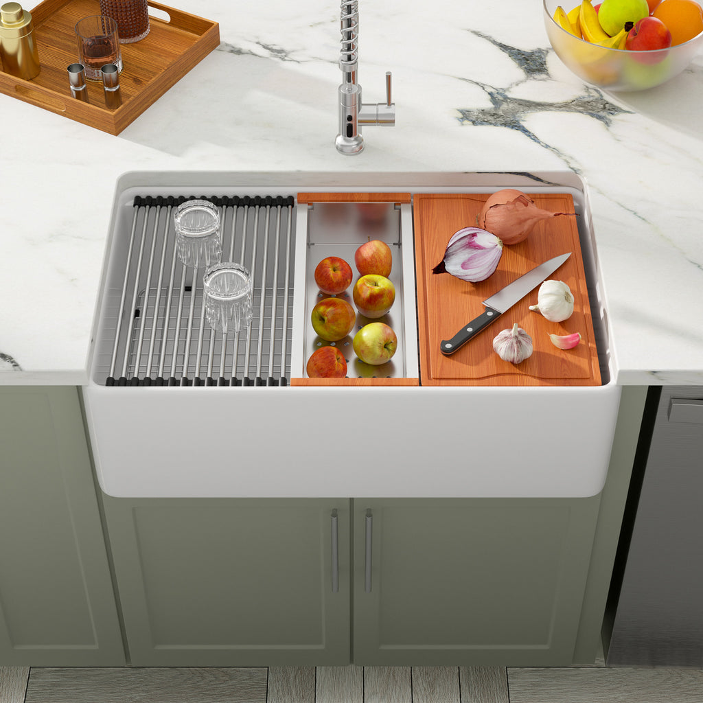 Dcolora 33''x20''x10'' White Farmhouse Sink Workstation, Fireclay Porcelain Flat Apron Front Ceramic Single Bowl Kitchen Basin