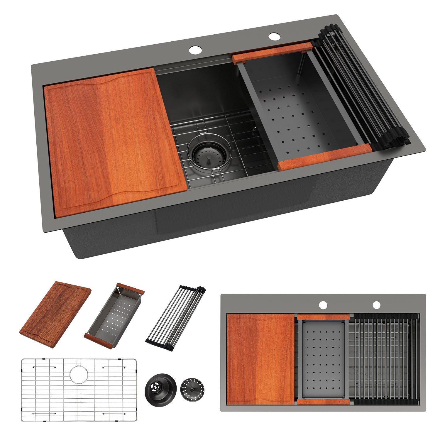 Dcolora 33x19 Black Kitchen Sink Drop In with Workstation Handed-Welding 16 Gauge 304 Stainless Steel Nano Coating Large Single Bowl Drop In Sink Top Mount 33¡±x19¡±x10¡± Matte Black,DC-TBW001