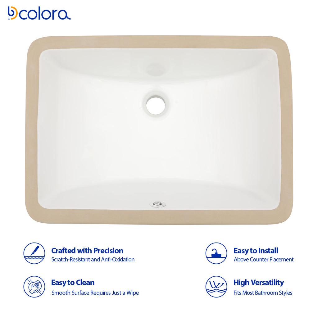 Dcolora 16''x12'' White Ceramic Rectangular Undermount Bathroom Sink, Vanity Basin with Overflow