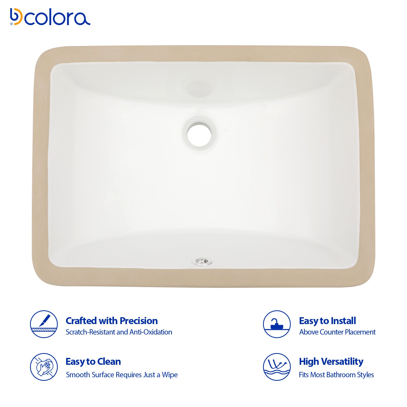 Dcolora 16''x12'' White Ceramic Rectangular Undermount Bathroom Sink, Vanity Basin with Overflow
