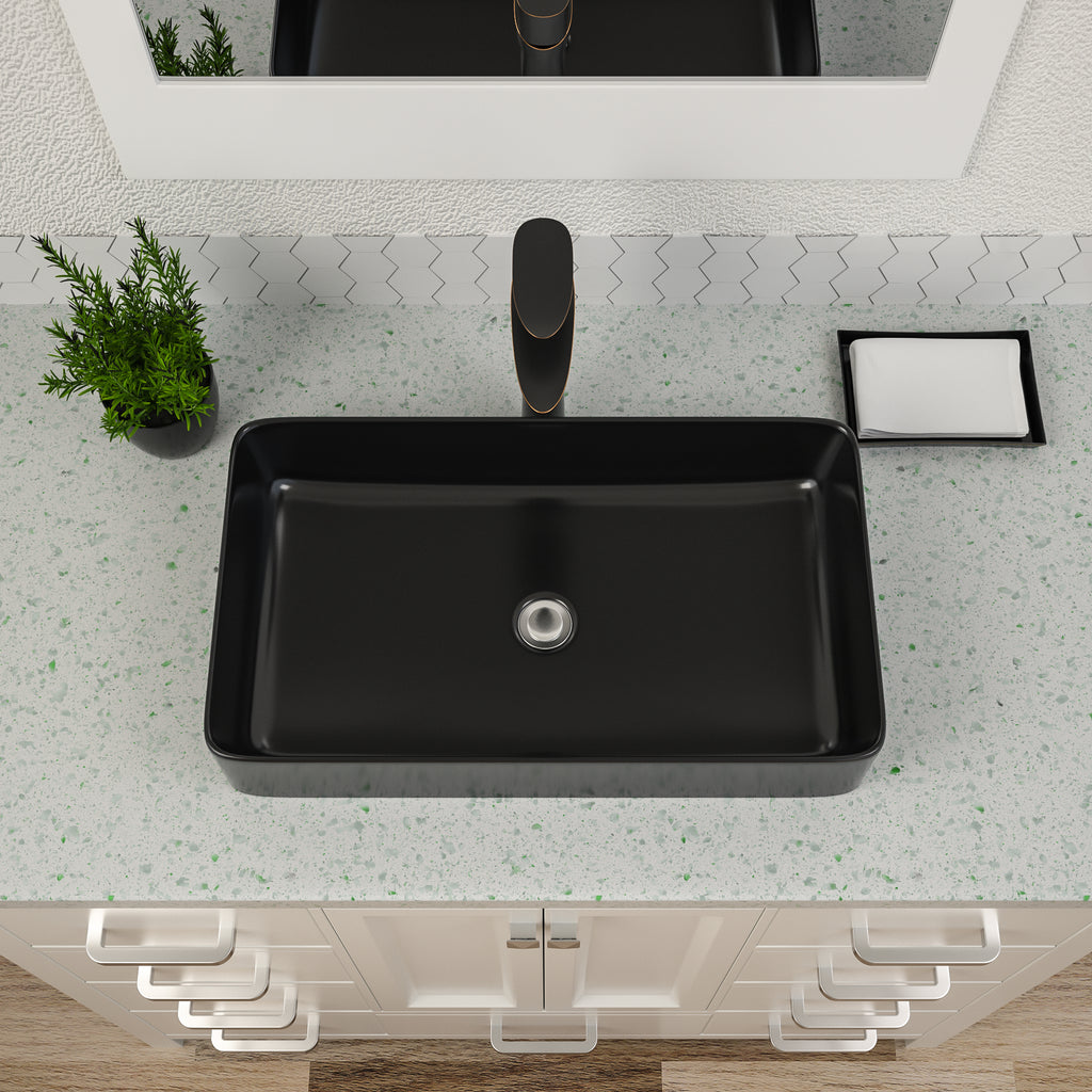 Dcolora Matte Black Rectangular Vessel Sink 24"x14" - Above Counter Ceramic Bathroom Vanity Sink Basin