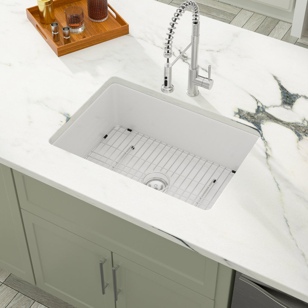 Dcolora 27''x19''x10'' White Undermount Kitchen Sink, Handmade Ceramic Fireclay Deep Single Bowl Dual Mount Basin, Round Corner