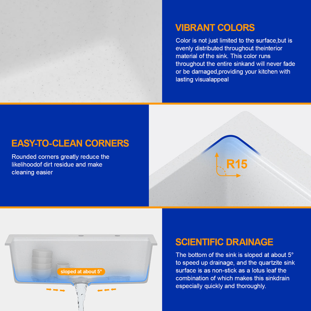 Dcolora 33''x22''x10'' Matte White Drop-In Kitchen Sink, Single Bowl Granite Composite Multifunctional Topmount Workstation Basin, #DC-0002GWT