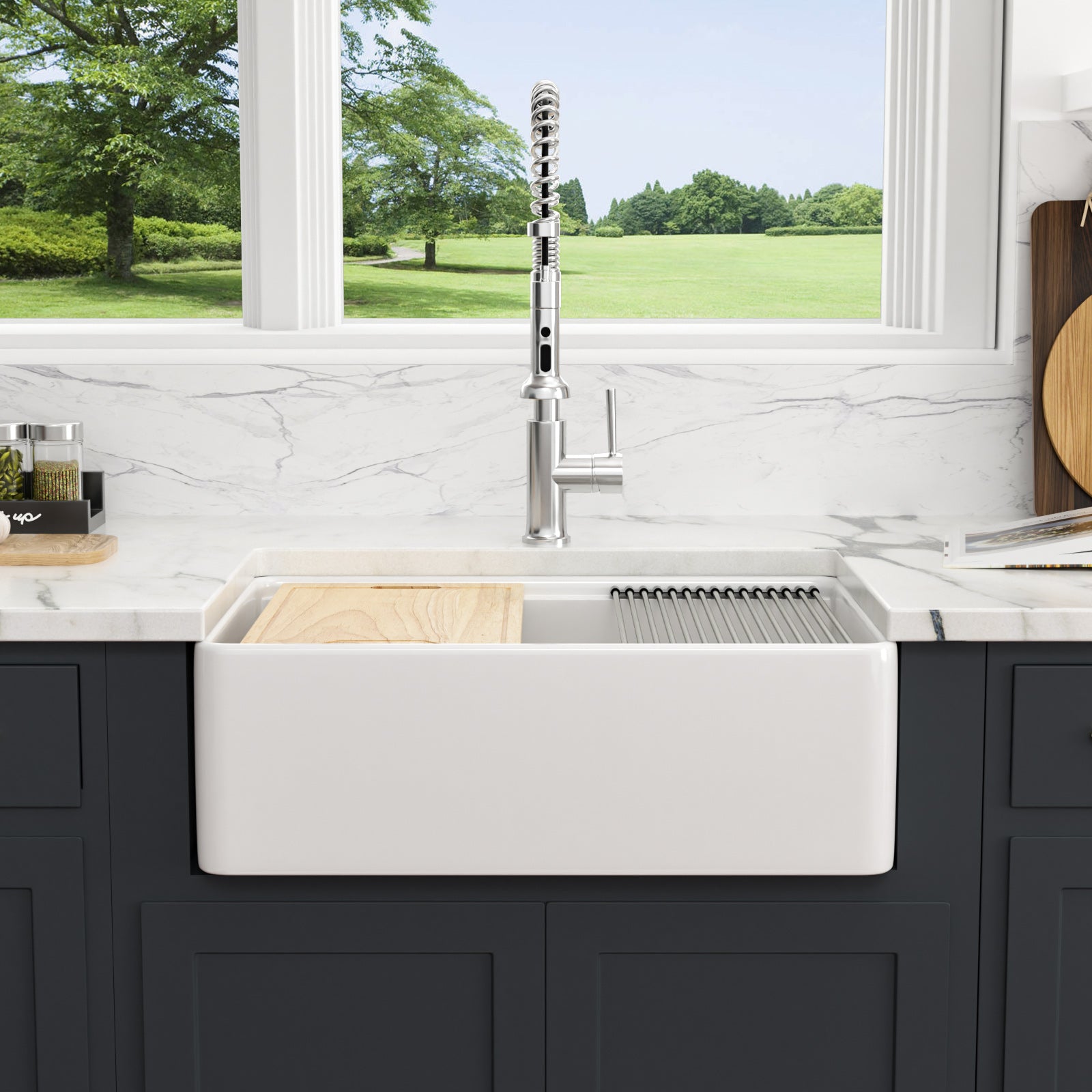 Dcolora 33" White Fireclay Workstation Farmhouse Apron Front Kitchen Sink Complete Accessory Kit