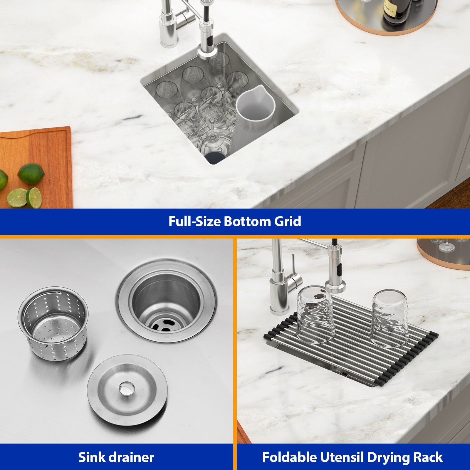 Dcolora 13 Inch Wet Bar Prep Sink Undermount 16 Gauge Stainless Steel Single Bowl Small Kitchen Sins RV Outdoor Camper Sink Under Counter, Round Corner 15"D x 13"W x 9"H, DC-U7715