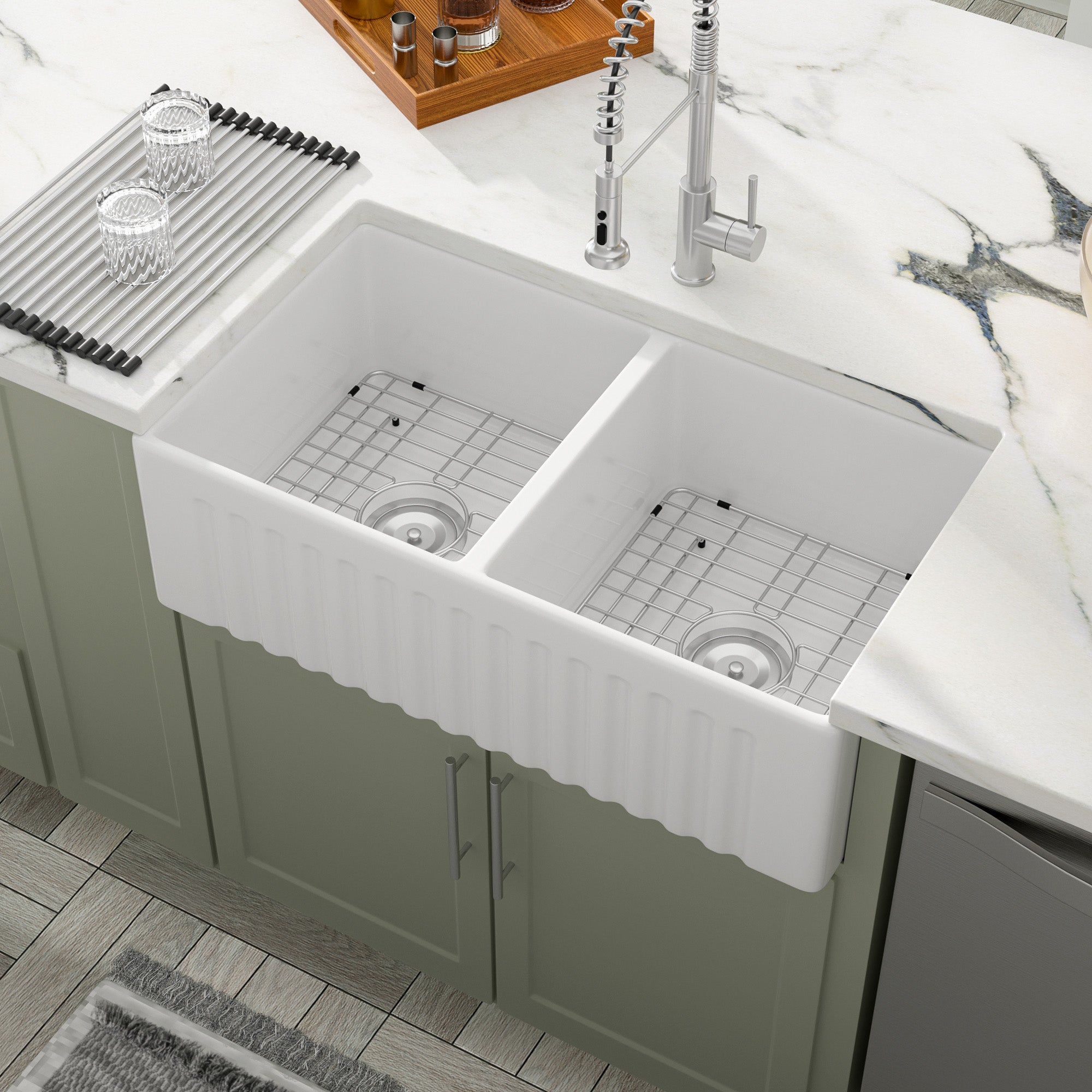 Dcolora 33 Inch Farmhouse Sink Double Bowl 50/50 Farm White Kitchen Sink Double Basin Apron Front White Fireclay Ceramic Porcelain Reversible DC-A7757