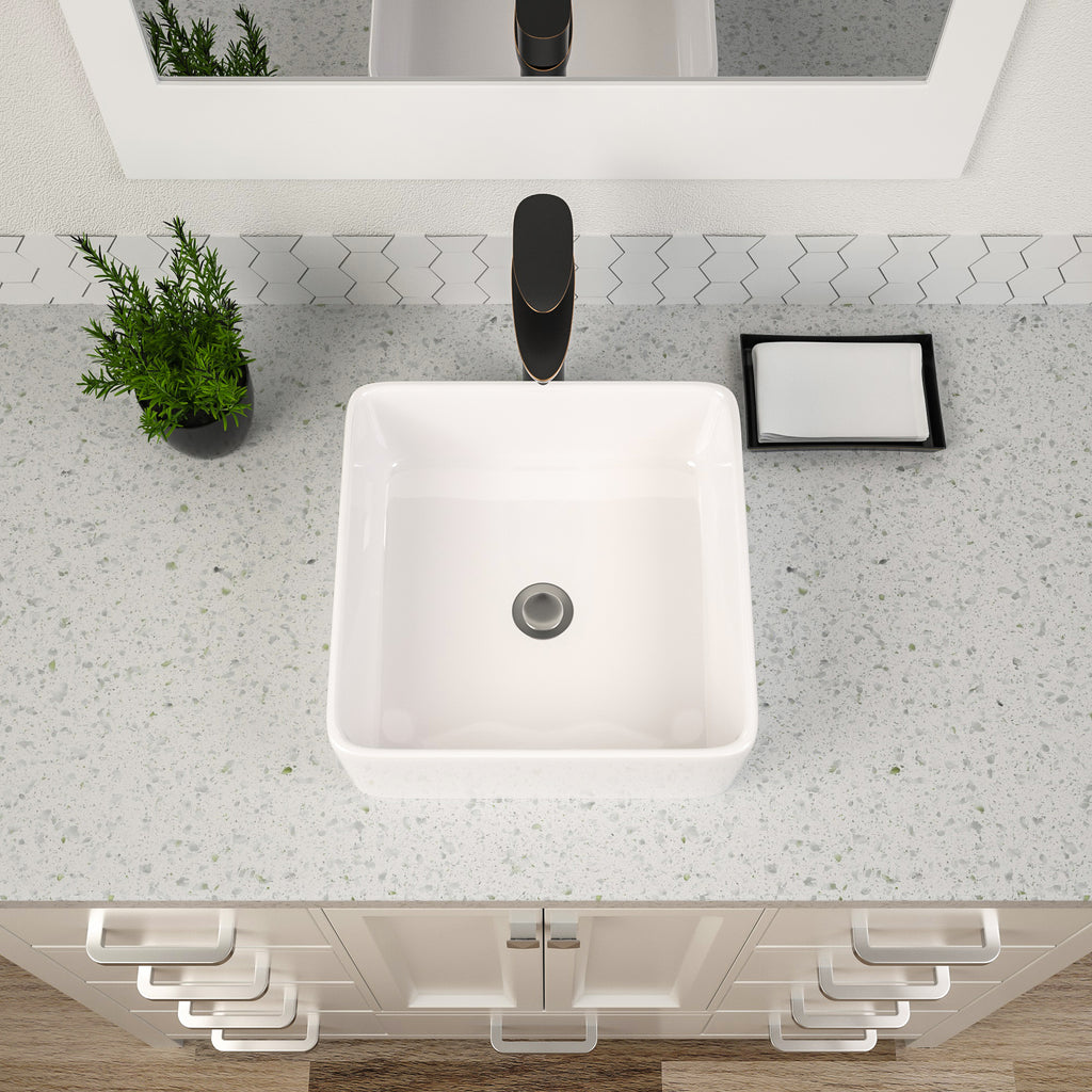 Dcolora 15''x15'' White Square Vessel Sink, Ceramic Porcelain Above Counter Bathroom Vanity Basin