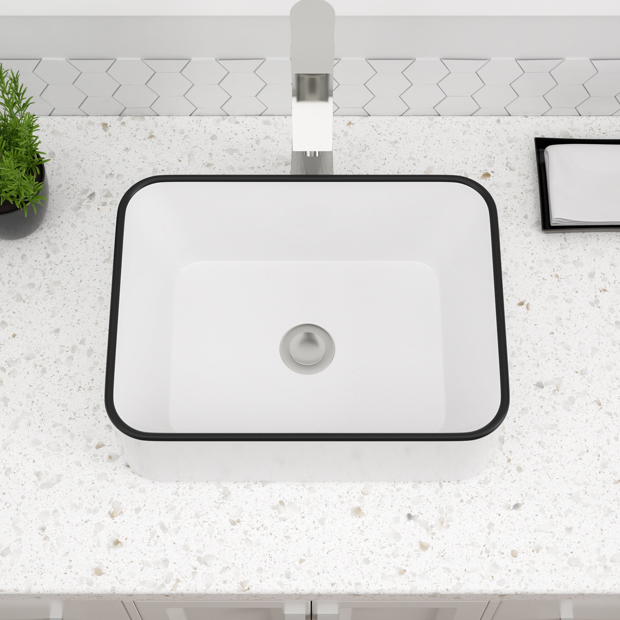 Vessel Sink Rectangular, Dcolora 16"x12" White Vessel Sink with Black Rim Ceramic Porcelain Rectangle Bathroom Vessel Sink Above Counter Vanity Sink Basin