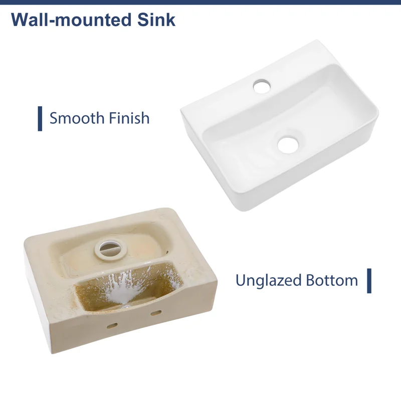 Dcolora 14.5'' x 10'' Wall Mounted Bathroom Sink - Rectangular White Ceramic Floating Basin with Faucet Hole
