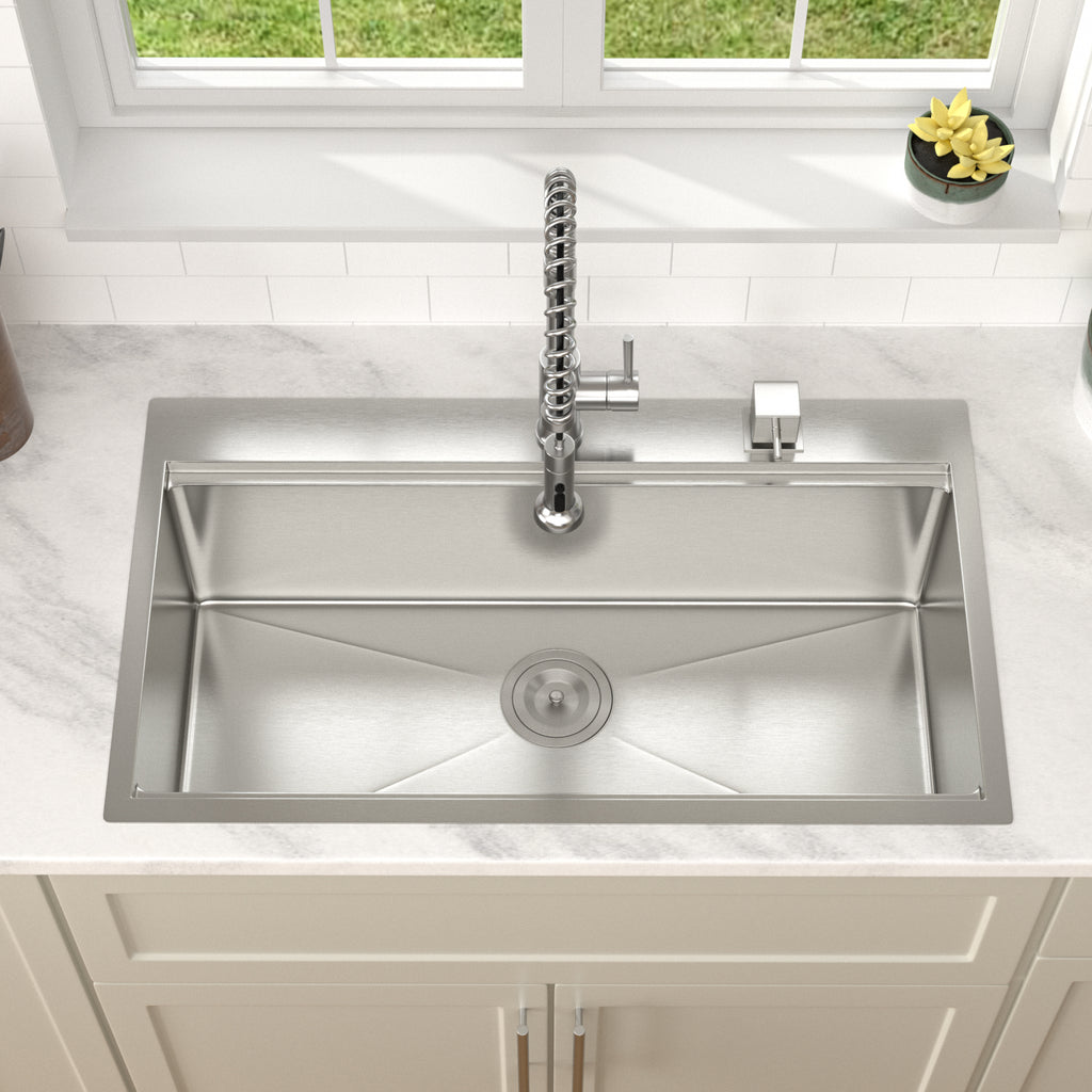 Dcolora 33''x19'' Brushed Nickel Drop-In Kitchen Sink, Hand Welded 16 Gauge 304 Stainless Steel Large Single Bowl Workstation