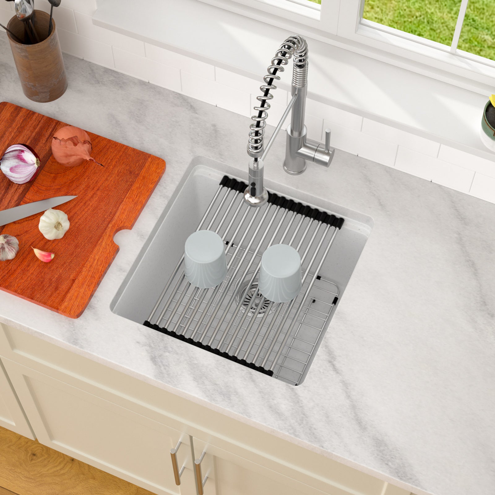 Dcolora 18 Inch Undermount White Wet Bar Sink Single Bowl Small Kitchen Sink Granite Composite Sink with Workstation #DC-GU0001WS