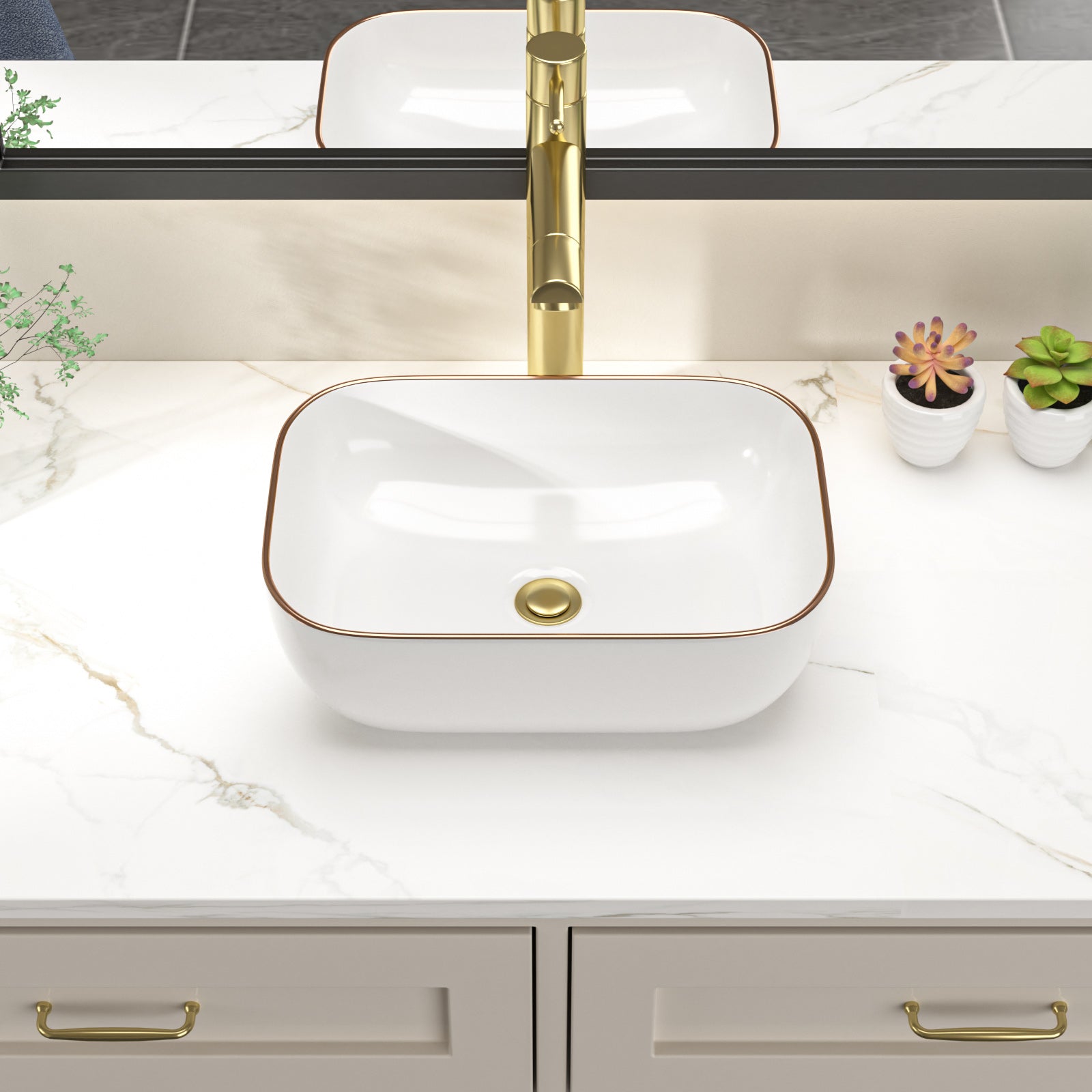 Dcolora Small Vessel Sink 14.5” x 10” Rectangular White Vessel Bathroom Sink With Gold Lip Ceramic Porcelain Above Counter Small Vanity Basin Wash Bowl Sink,DC-VS0003