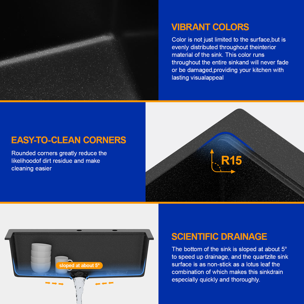 Dcolora 33''x22''x10'' Matte Black Drop-In Kitchen Sink, Single Bowl Granite Multifunctional Topmount Workstation Basin