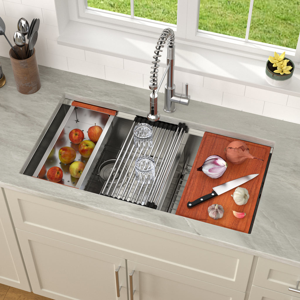 Dcolora 36''x19''x10'' Undermount Large Double Bowl Kitchen Sink, 16 Gauge Stainless Steel 60/40 Low Divide Split with Workstation