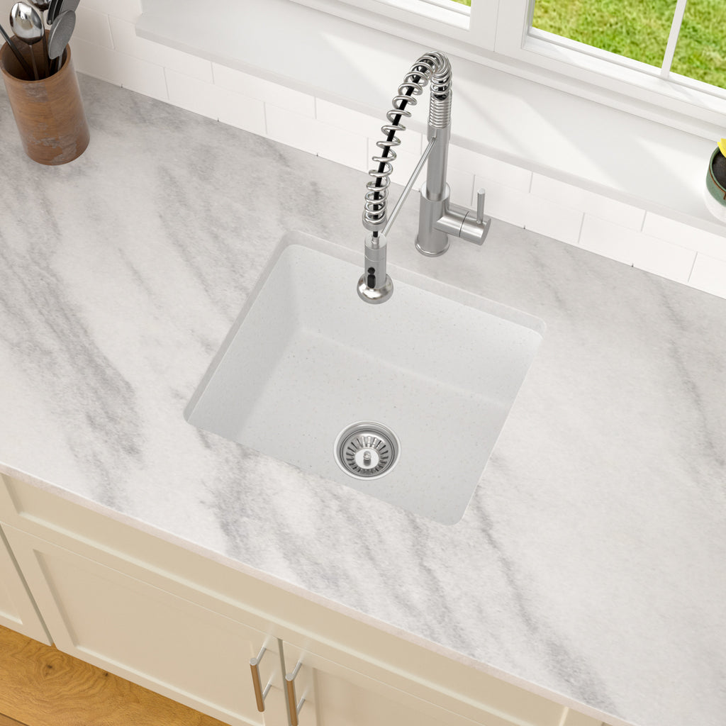 Dcolora 18 Inch Undermount Small Bar Sink Single Bowl Kitchen Sink White Granite Composite Wet Bar Sink 18"W×16"D×9"H,DC-GUW002