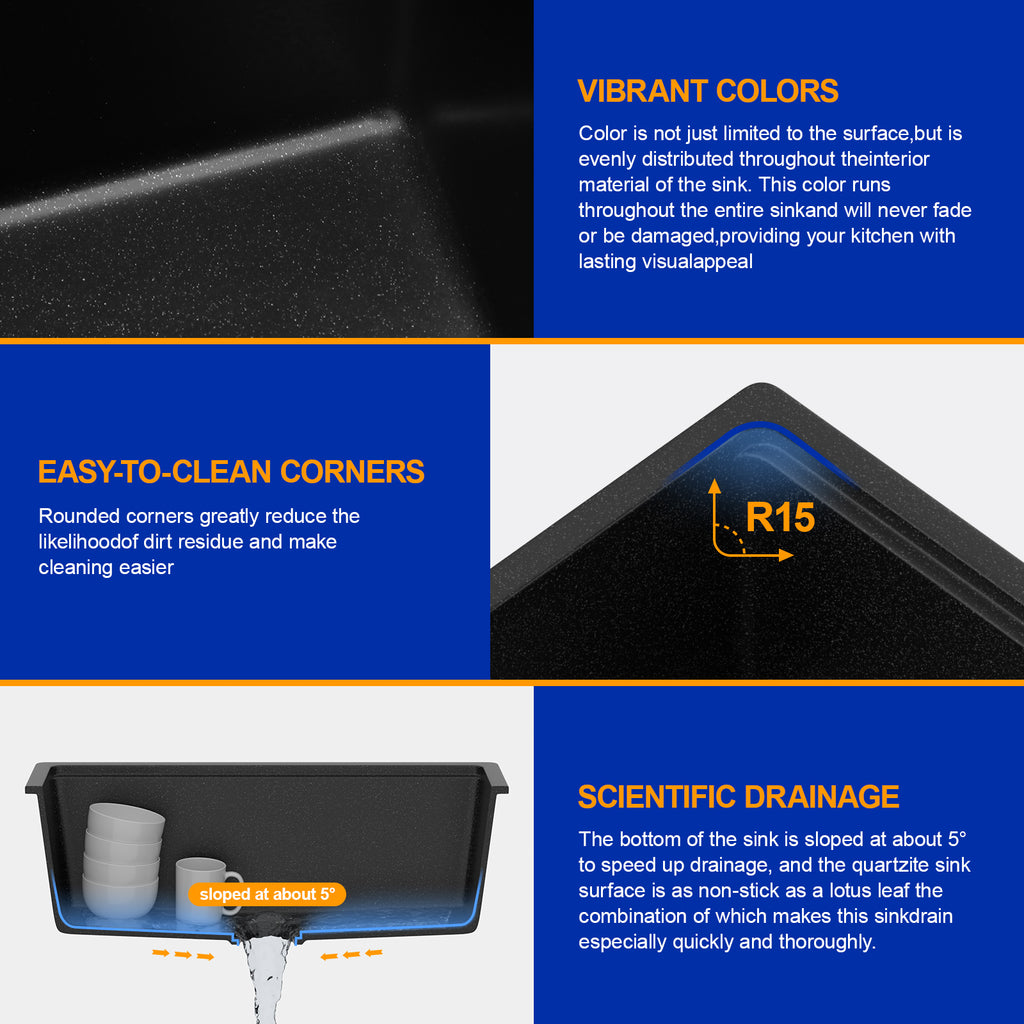 Dcolora 28'' Matte Black Undermount Kitchen Sink, Single Bowl Modern Workstation Granite Composite Basin, #DC-GU0004BS