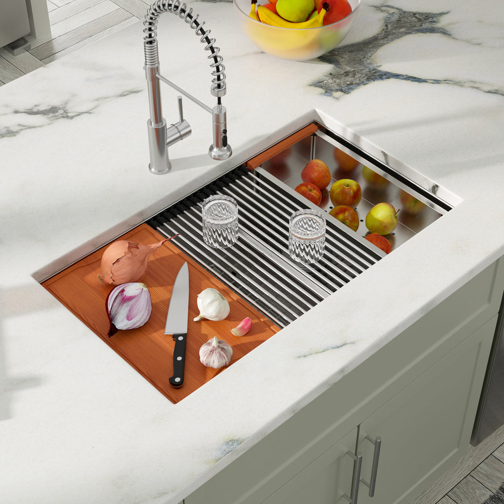 Dcolora 33''x19''x10'' Undermount Double Bowl Kitchen Sink Workstation, 16 Gauge Stainless Steel 60/40 Split Basin