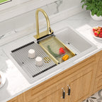 Dcolora 33''x22'' White Waterfall Smart Kitchen Sink, Drop-In Single Bowl Multifunctional Workstation Basin with Faucet