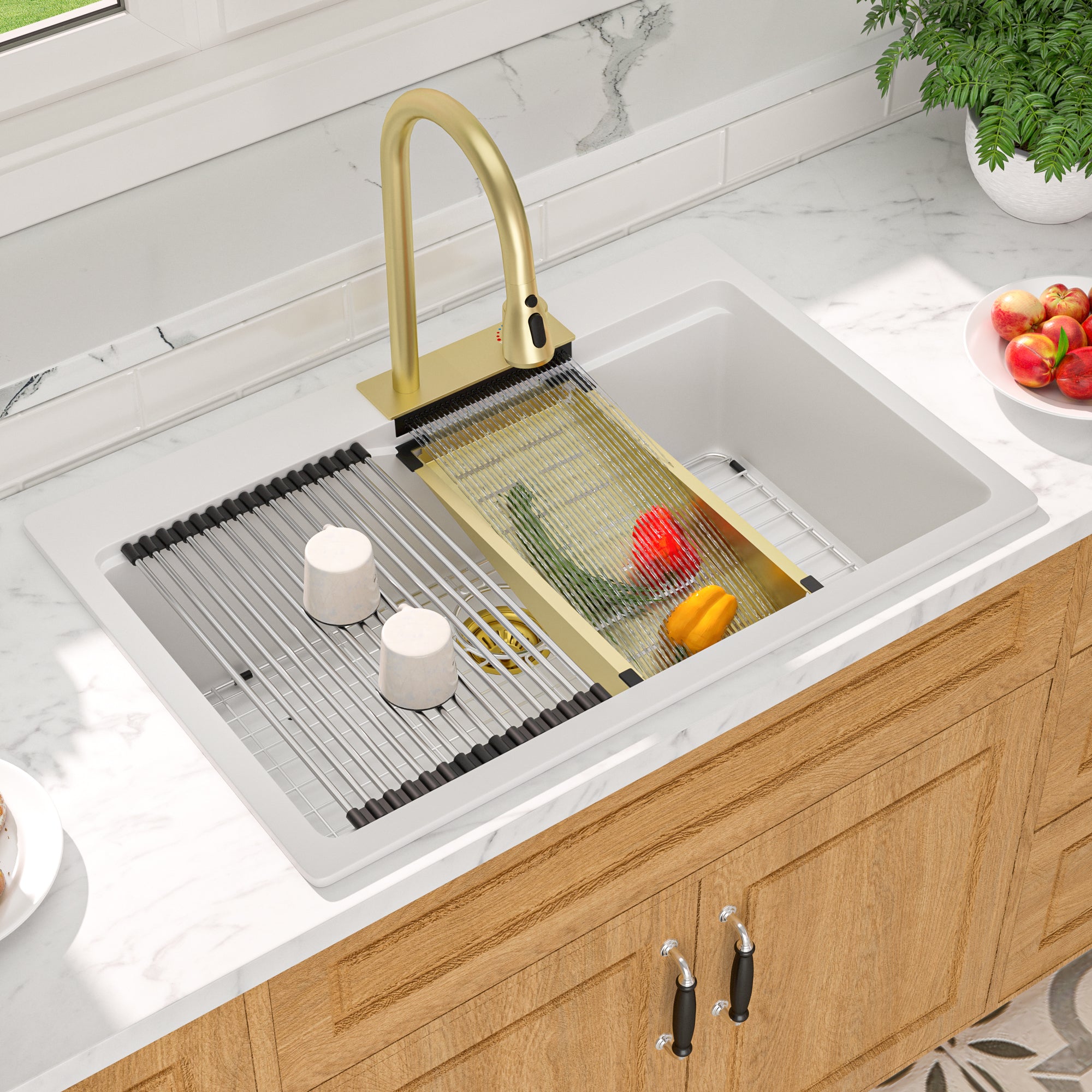 Dcolora 33x22 Waterfall Smart Kitchen Sink Workstation White Drop In Single Bowl Multifunctional Sink With Faucet