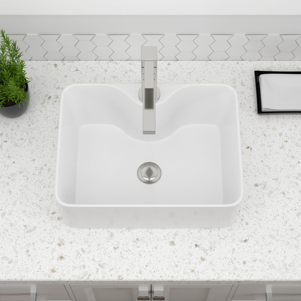 Dcolora 16''x12'' White Rectangular Vessel Sink with Faucet Hole, Ceramic Porcelain Above Counter Bathroom Vanity Basin