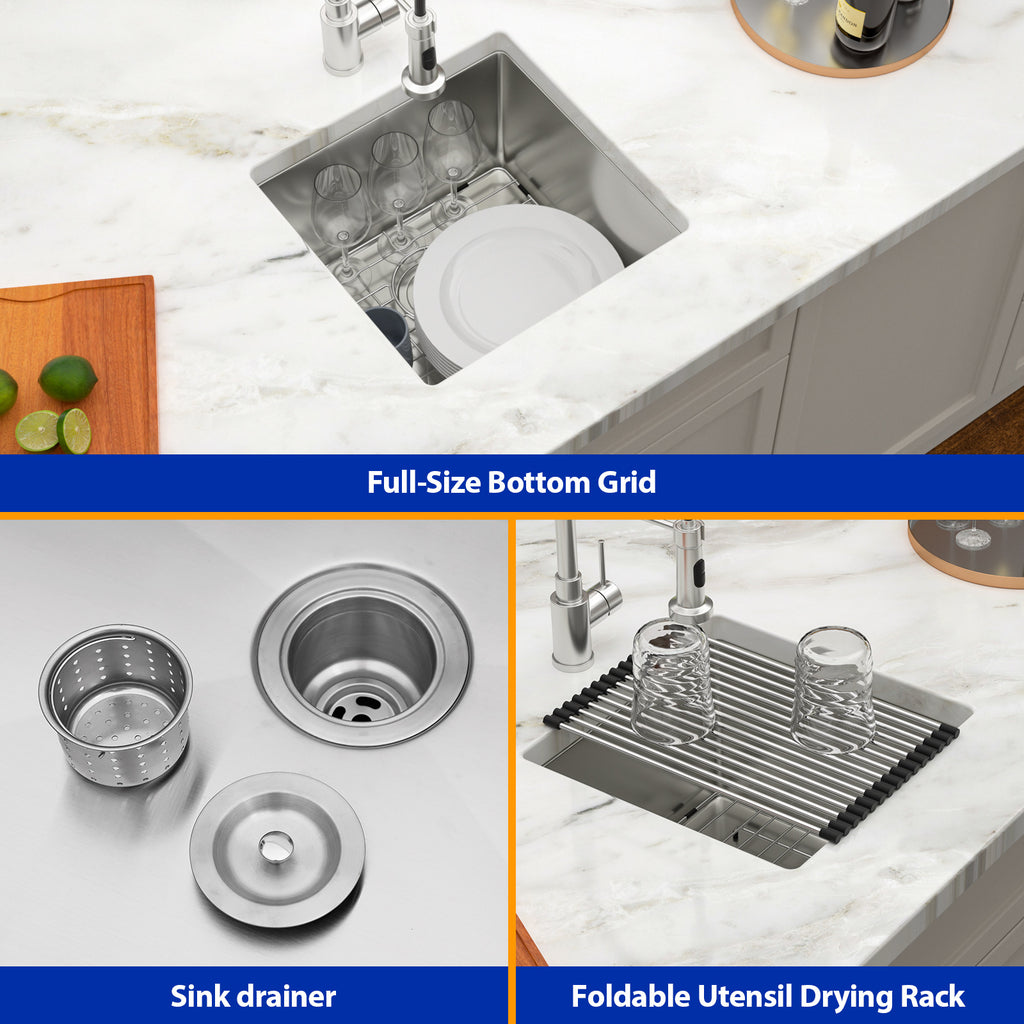 Dcolora 17''x17'' Square Undermount Wet Bar Sink, 16 Gauge Stainless Steel Single Bowl Small Kitchen Prep Basin