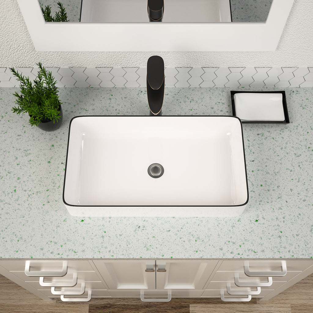 Dcolora 24''x14'' White Rectangular Vessel Sink with Black Rim, Ceramic Porcelain Above Counter Bathroom Vanity Basin