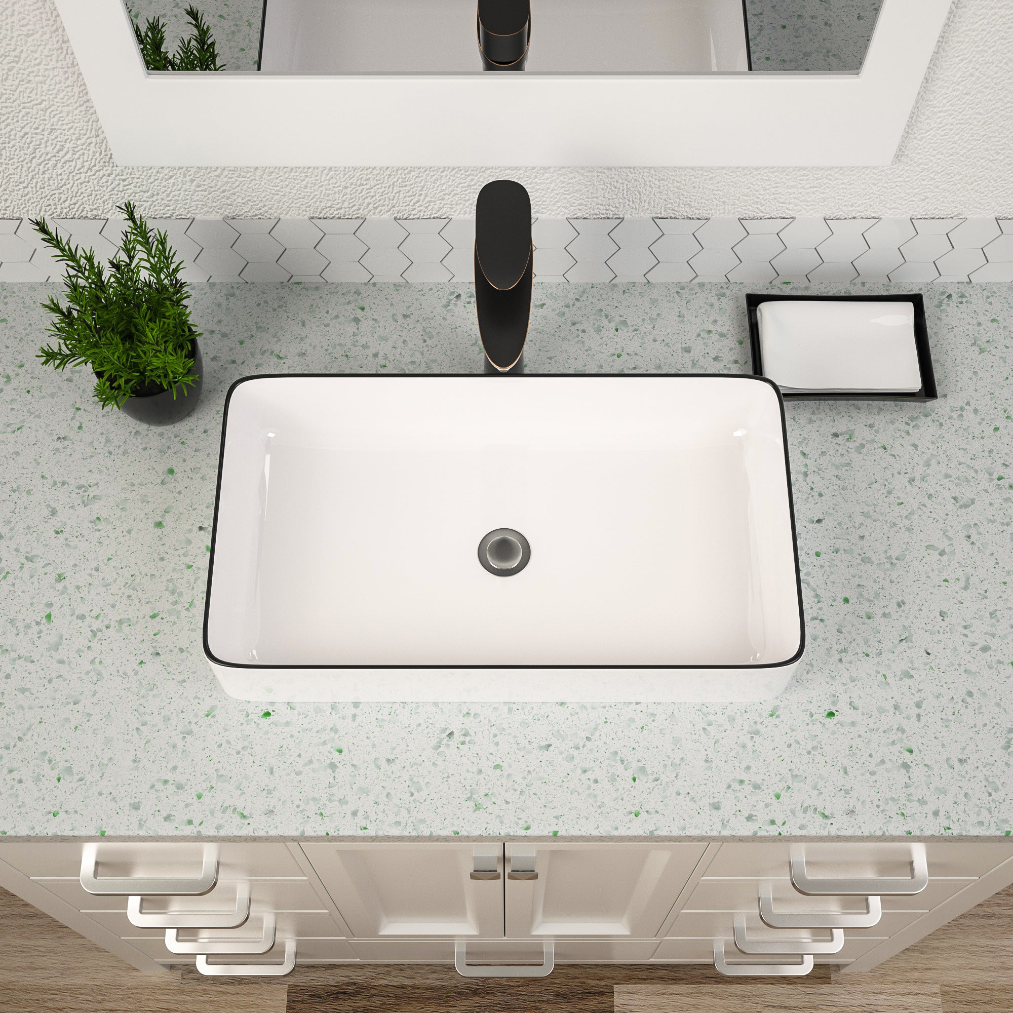 Vessel Sink Rectangular, Dcolora 24"x14" White Vessel Sink with Black Rim Ceramic Porcelain Rectangle Bathroom Vessel Sink Above Counter Vanity Sink Basin