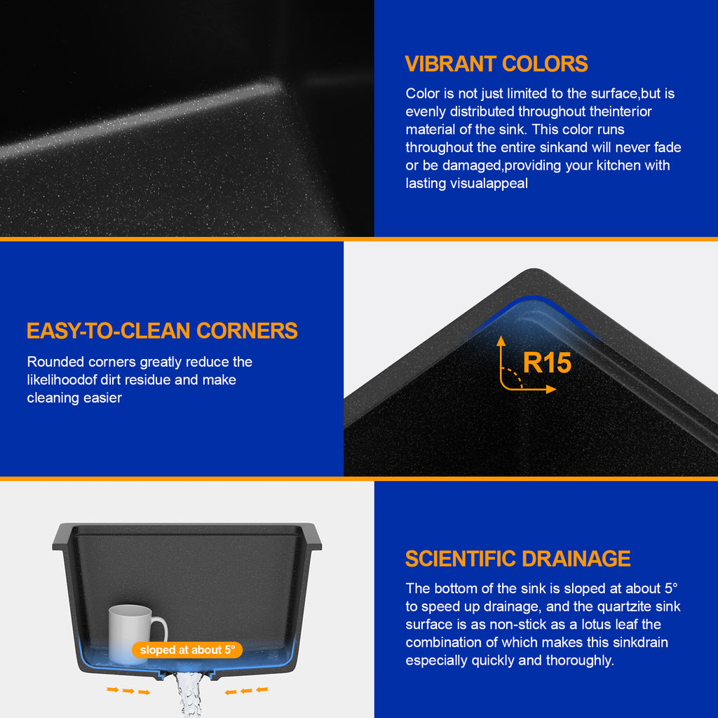 Dcolora 18'' Matte Black Undermount Wet Bar Sink, Single Bowl Small Kitchen Granite Composite Sink with Workstation, #DC-GU0002BS