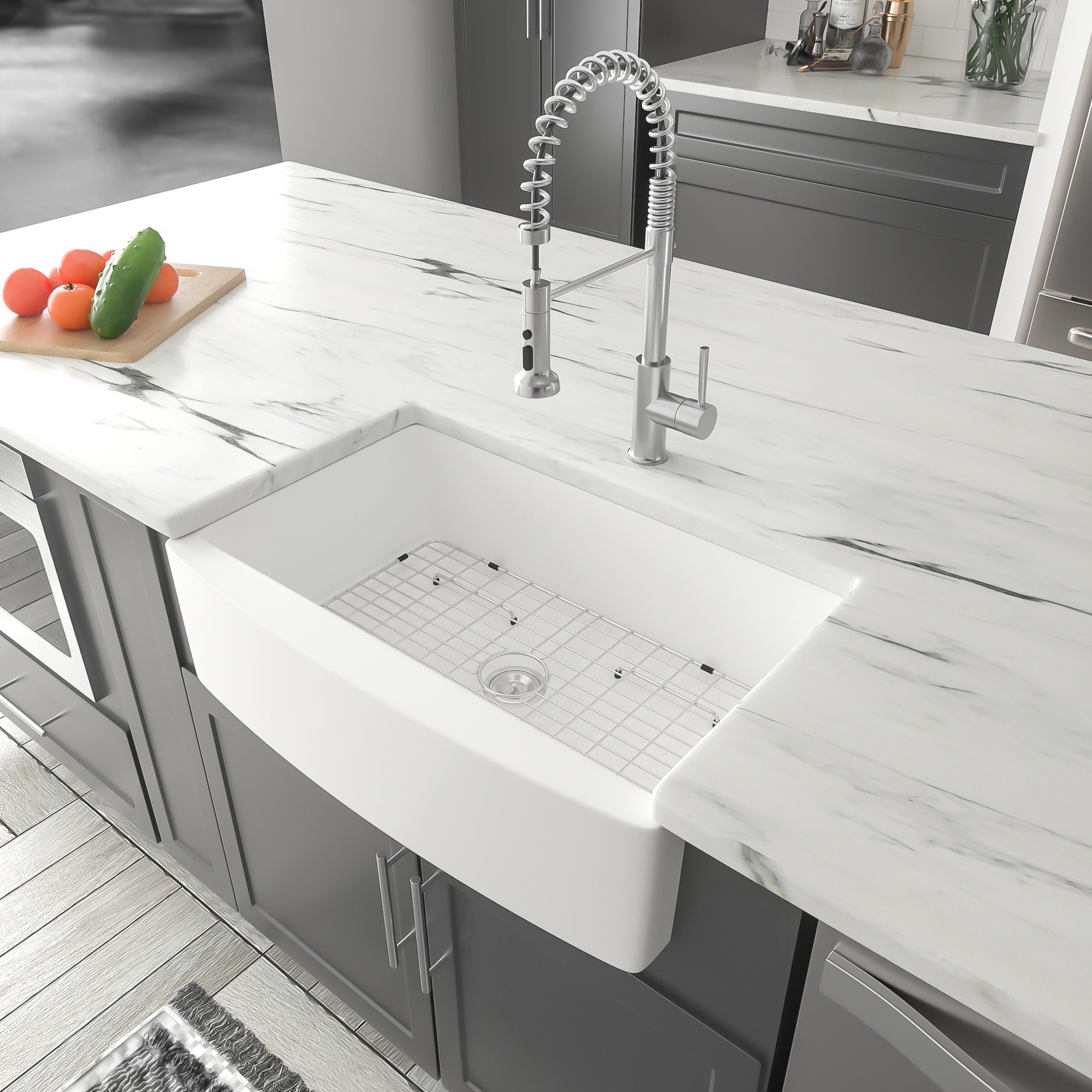 Dcolora 33 White Farmhouse Sink 33 Inch Farm Kitchen Sink Apron Front Curved White Fireclay Porcelain Ceramic Single Bowl Kitchen Farm Sink Basin (33"x21"x10") DC-A7762