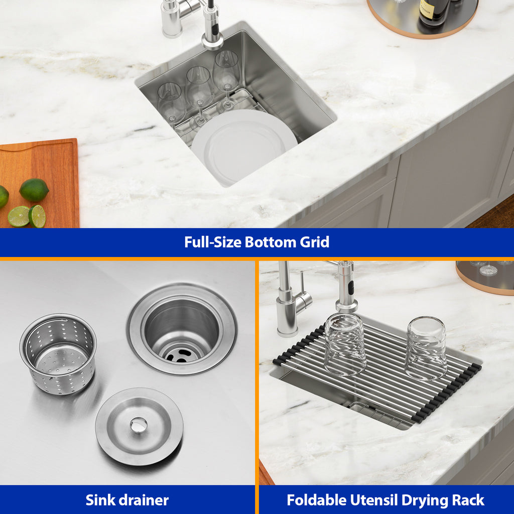 Dcolora 15''x17''x10'' Undermount Wet Bar Sink, 16 Gauge Stainless Steel Single Bowl Small Kitchen Prep Basin, Rounded Corner