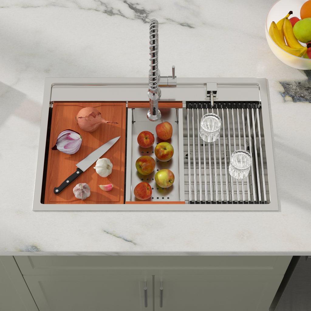 Dcolora 33''x22''x10'' Drop-In Kitchen Sink with Splash Guard, 16 Gauge Stainless Steel Single Bowl Topmount Workstation Basin, Round Corner