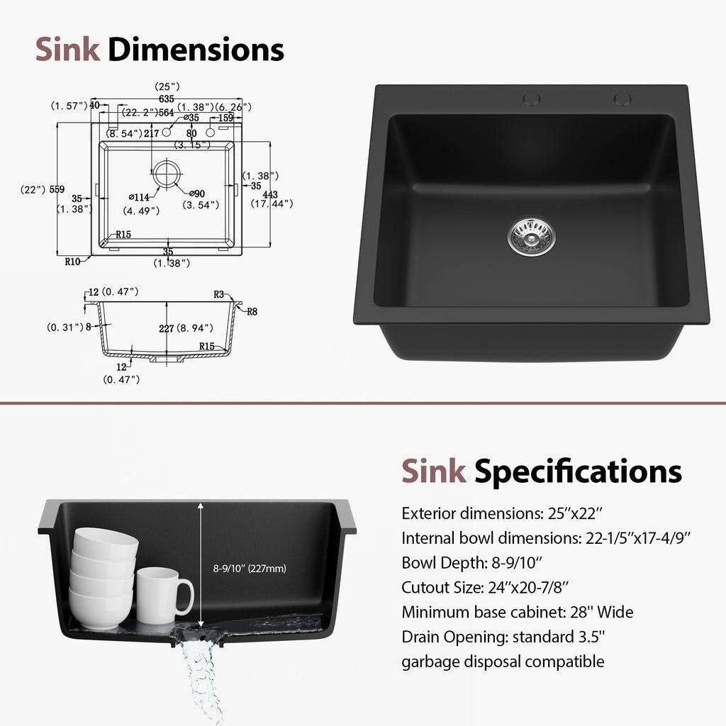 Dcolora 25''x22'' Black Quartz Drop-In Wet Bar Sink, Topmount Deep Single Bowl Prep Kitchen Basin, Round Corner