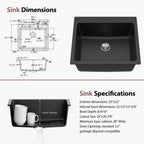 Dcolora 25''x22'' Black Quartz Drop-In Wet Bar Sink, Topmount Deep Single Bowl Prep Kitchen Basin, Round Corner