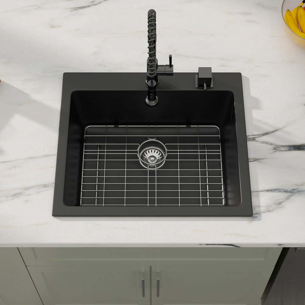 Dcolora 25''x22'' Black Quartz Drop-In Wet Bar Sink, Topmount Deep Single Bowl Prep Kitchen Basin, Round Corner