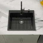 Dcolora 25''x22'' Black Quartz Drop-In Wet Bar Sink, Topmount Deep Single Bowl Prep Kitchen Basin, Round Corner