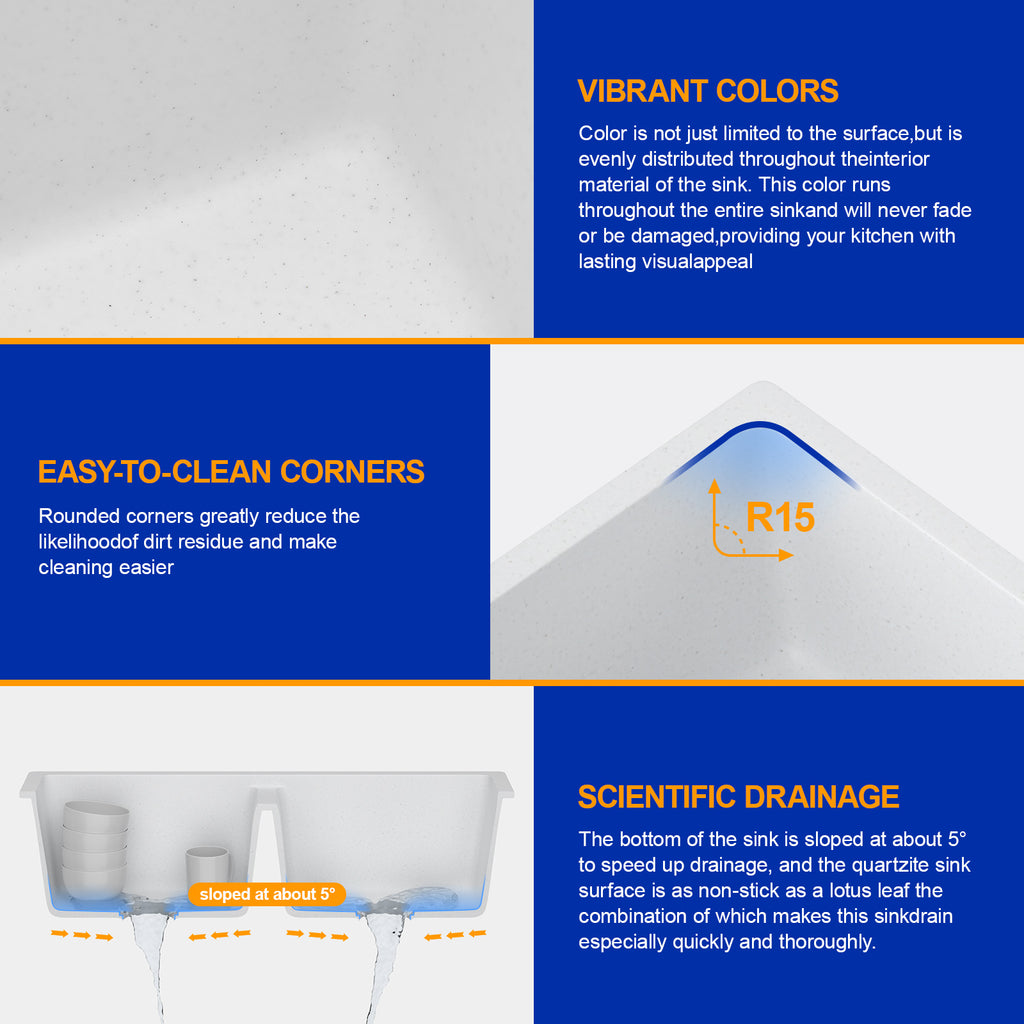 Dcolora 33''x19''x10'' White Undermount Double Bowl Kitchen Sink, 50/50 Split Granite Composite Deep Prep Basin, #DC-GU001W